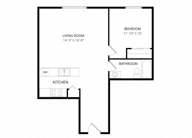 Floor plan for 1 bed, 1 bath, 650 sqft